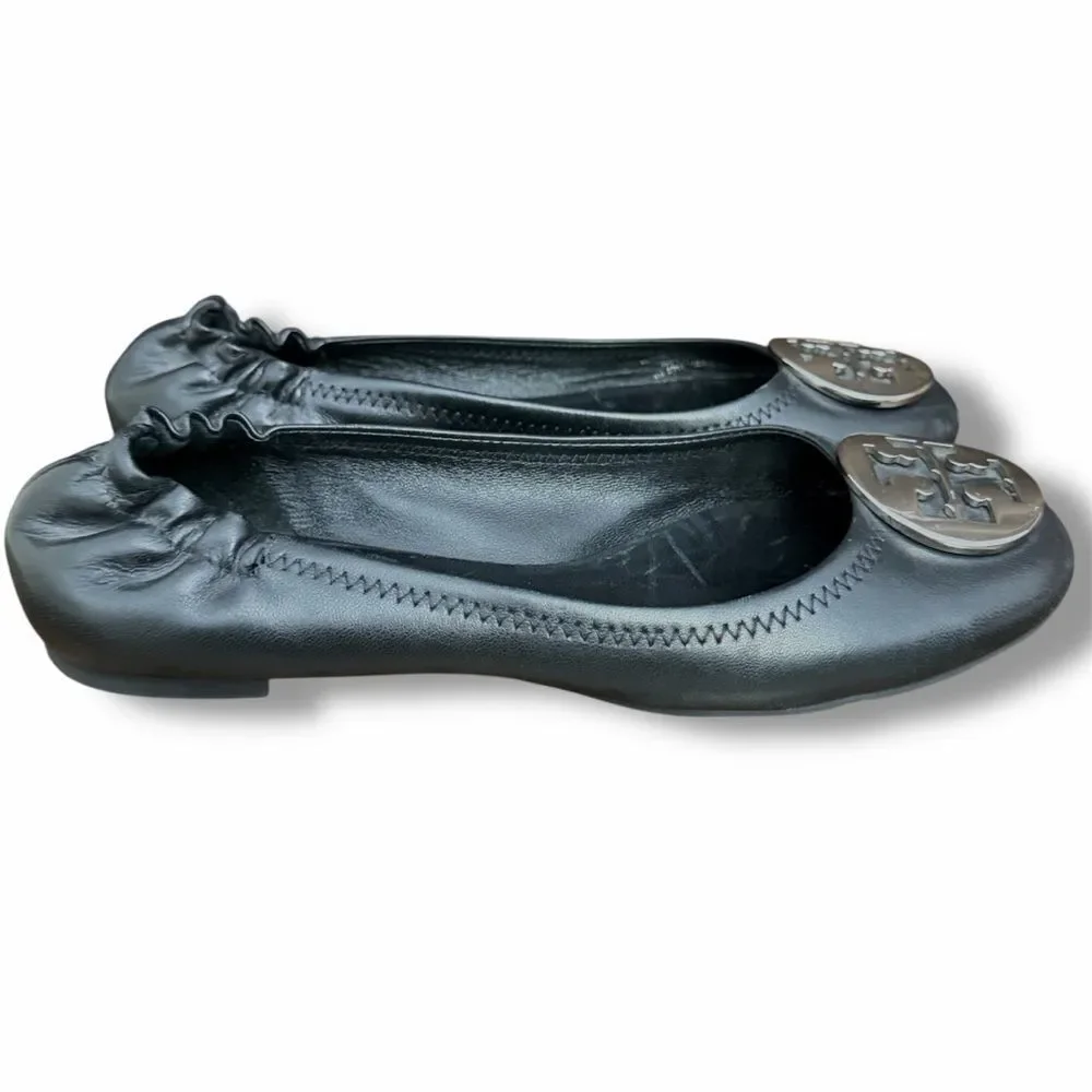 Tory Burch Black Leather Logo Reva Ballet Flats with Silver Emblem Discs